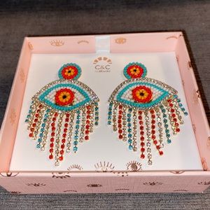 New in Box Evil Eye Large Beaded and Rhinestone Dangle Post Pierced Earrings